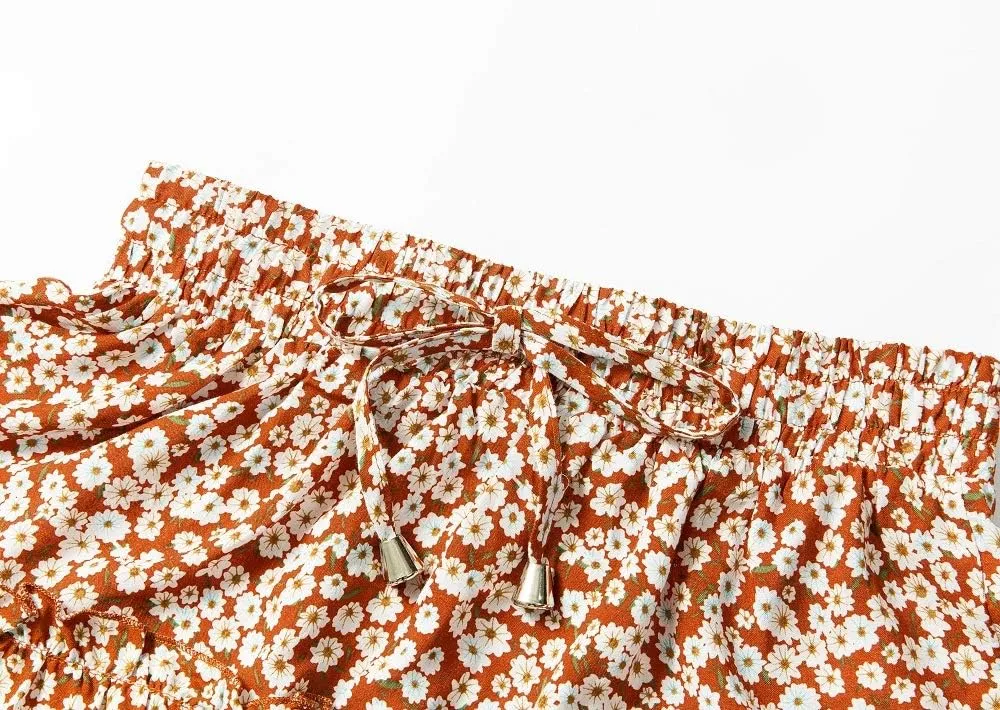 Womens Summer Flowy Tiered Ruffle Mini Skirt Cute High Waist Beach Boho Floral Polka Dot Short Skirts