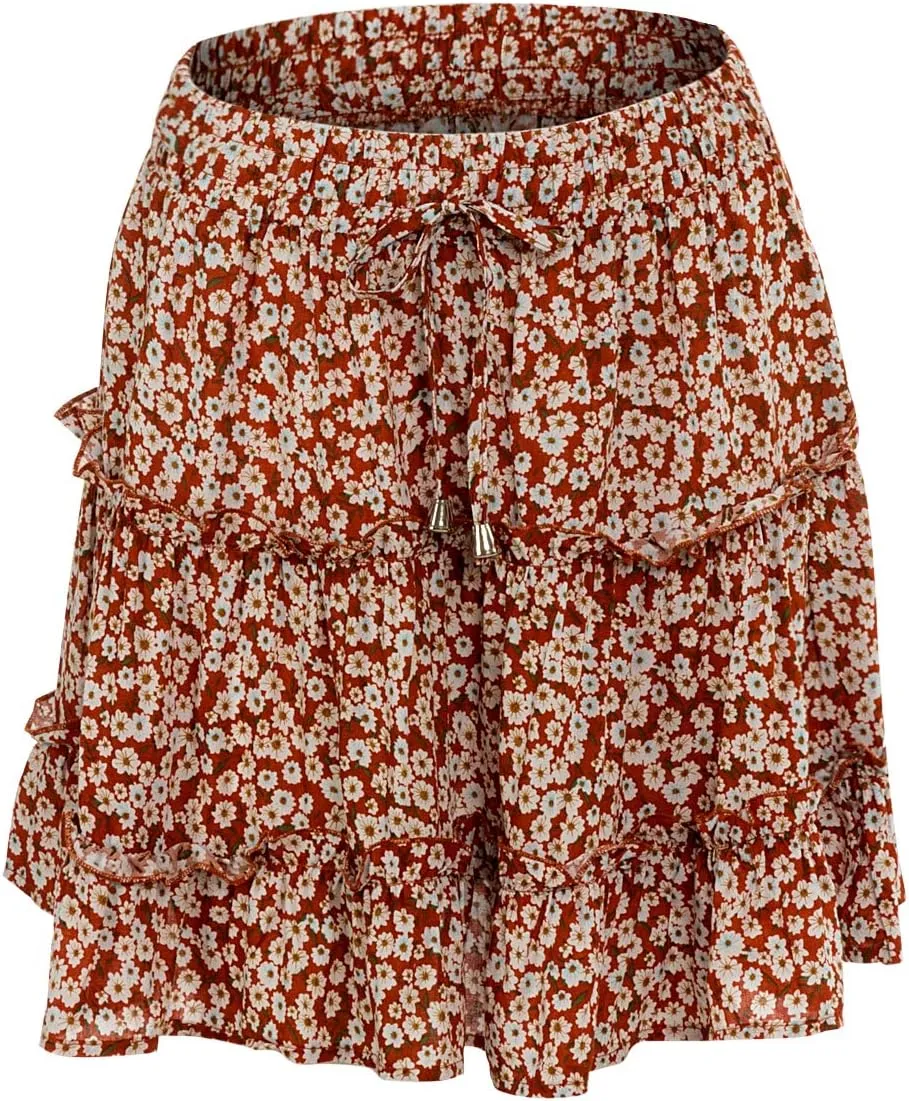 Womens Summer Flowy Tiered Ruffle Mini Skirt Cute High Waist Beach Boho Floral Polka Dot Short Skirts