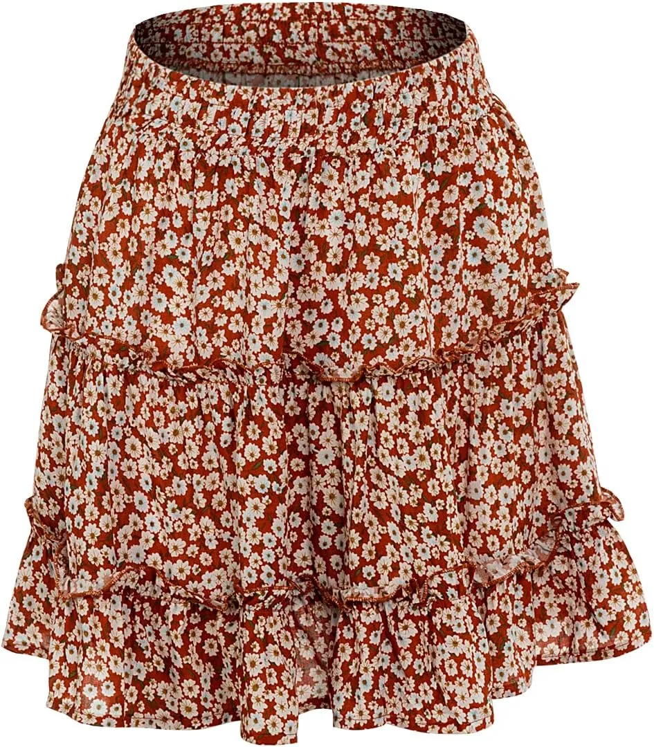 Womens Summer Flowy Tiered Ruffle Mini Skirt Cute High Waist Beach Boho Floral Polka Dot Short Skirts