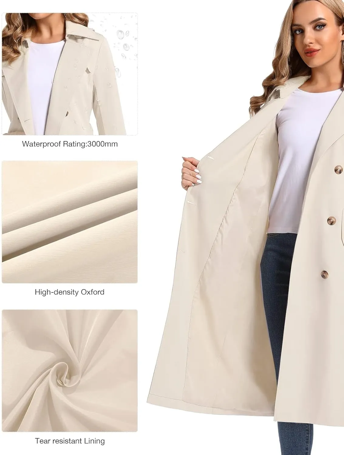 Women's Waterproof Long Trench Coat Double Breasted Length Classic Lapel Belt Coat With Removable Hood
