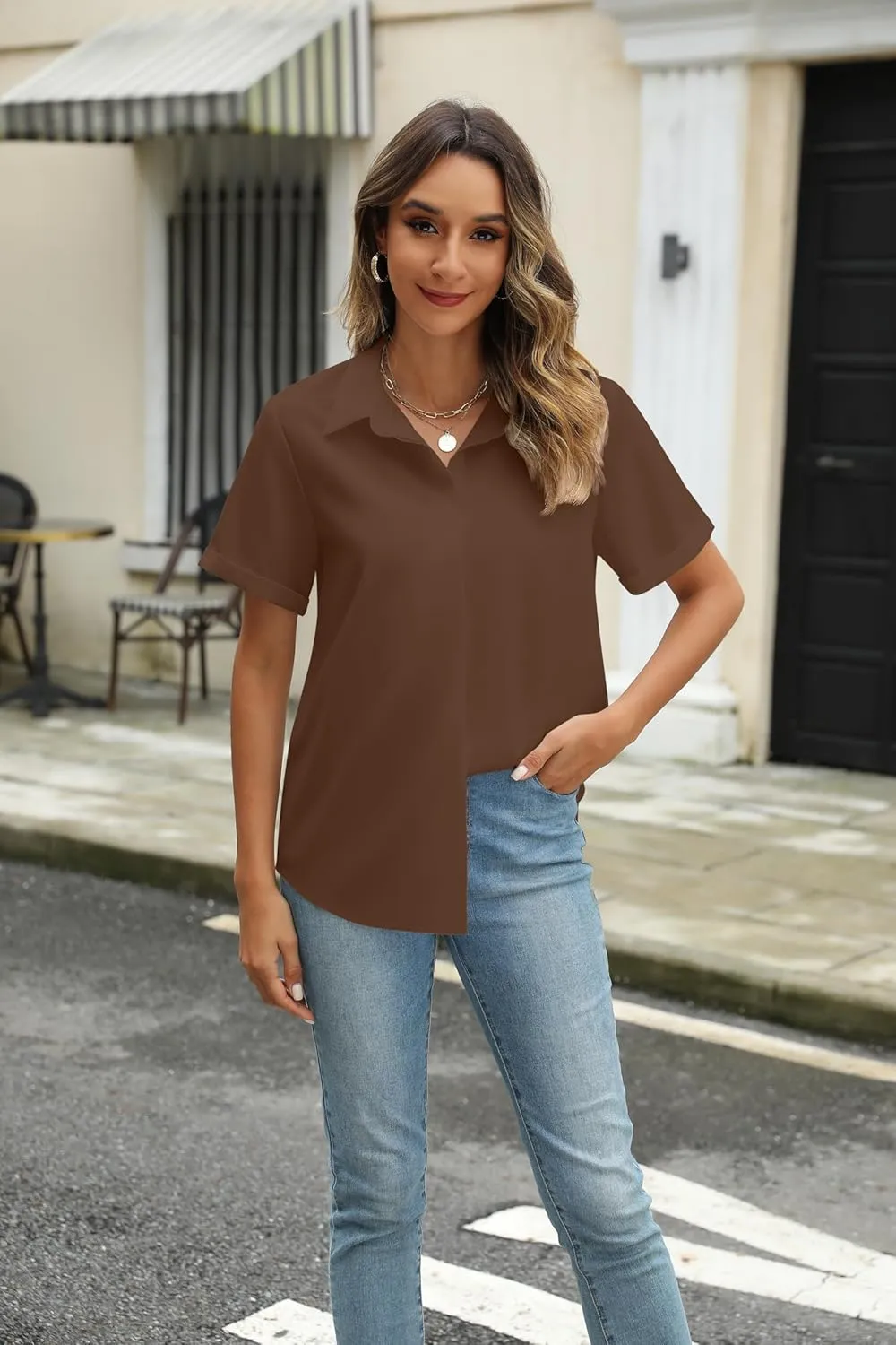 Zeagoo Womens Button Down Shirts Rolled Cuffed Short Sleeve Shirt Cute Collared Summer Casual Work Blouse
