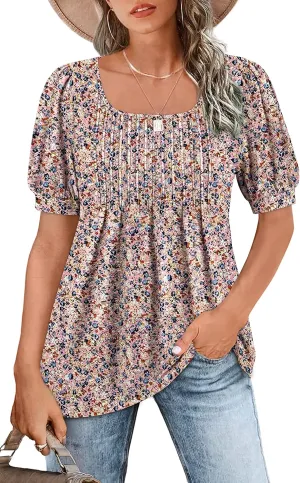 Zwurew Women's Summer Casual Puff Short Sleeve T-Shirts Square Neck Pleated Flowy Trendy Tunic Tops for Leggings S-2XL