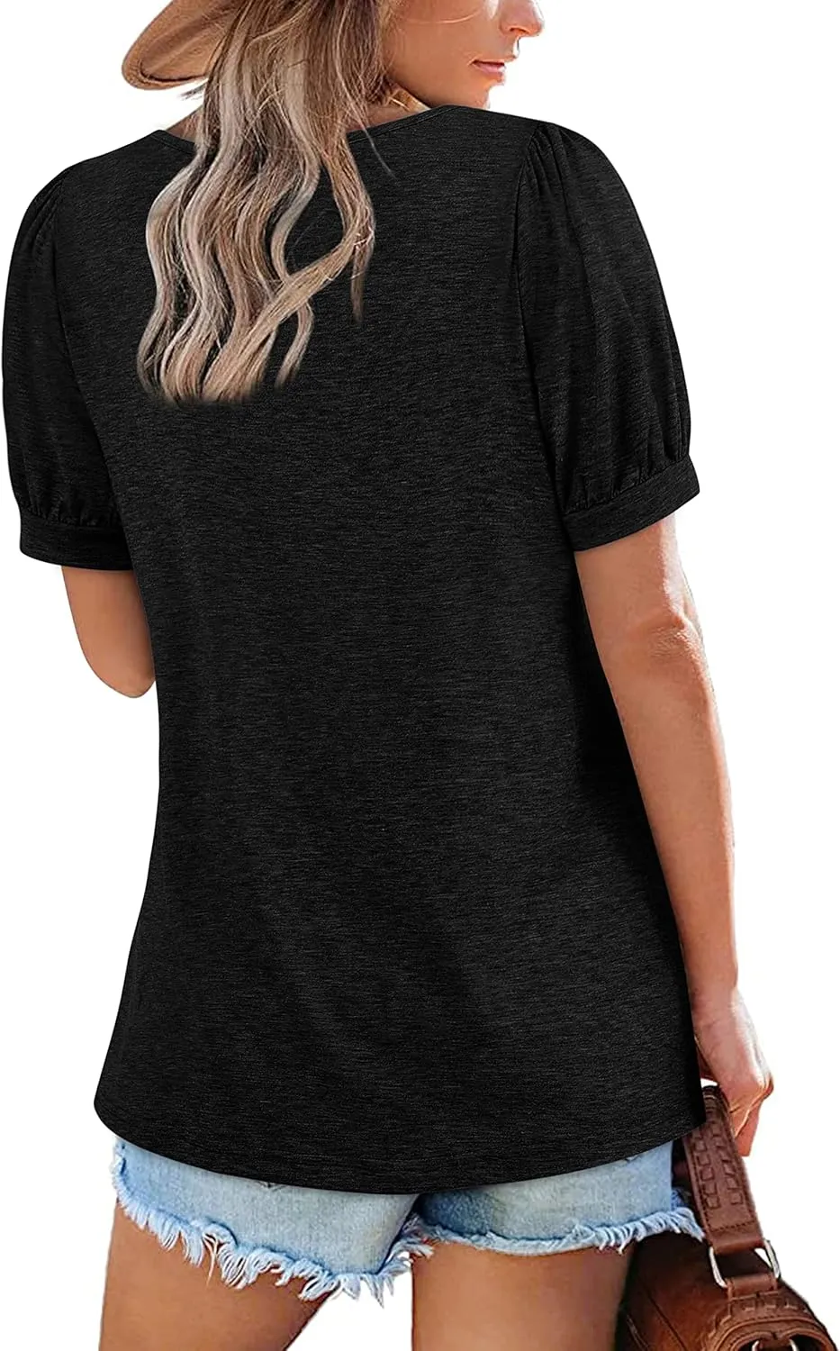 Zwurew Women's Summer Casual Puff Short Sleeve T-Shirts Square Neck Pleated Flowy Trendy Tunic Tops for Leggings S-2XL