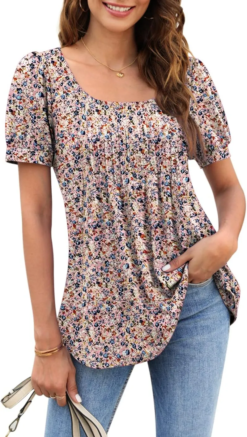 Zwurew Women's Summer Casual Puff Short Sleeve T-Shirts Square Neck Pleated Flowy Trendy Tunic Tops for Leggings S-2XL
