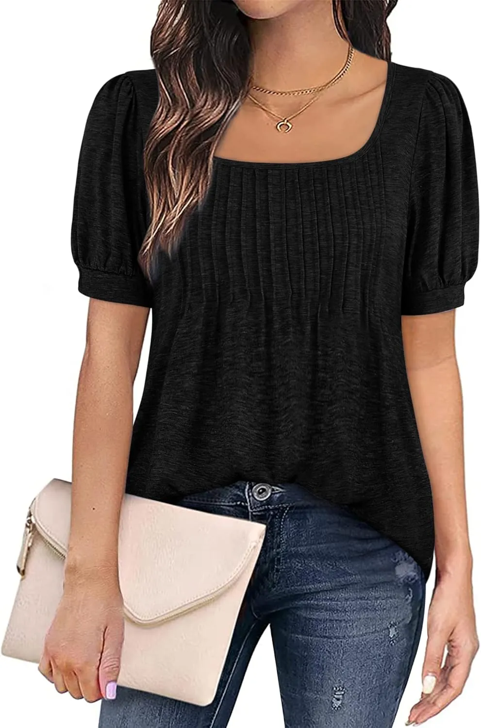 Zwurew Women's Summer Casual Puff Short Sleeve T-Shirts Square Neck Pleated Flowy Trendy Tunic Tops for Leggings S-2XL