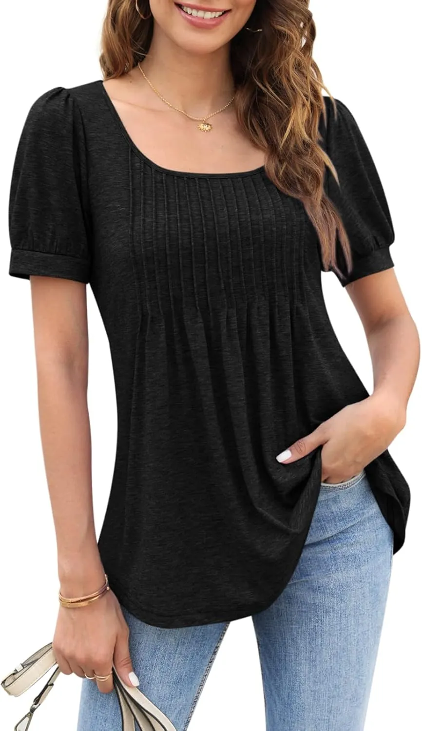 Zwurew Women's Summer Casual Puff Short Sleeve T-Shirts Square Neck Pleated Flowy Trendy Tunic Tops for Leggings S-2XL
