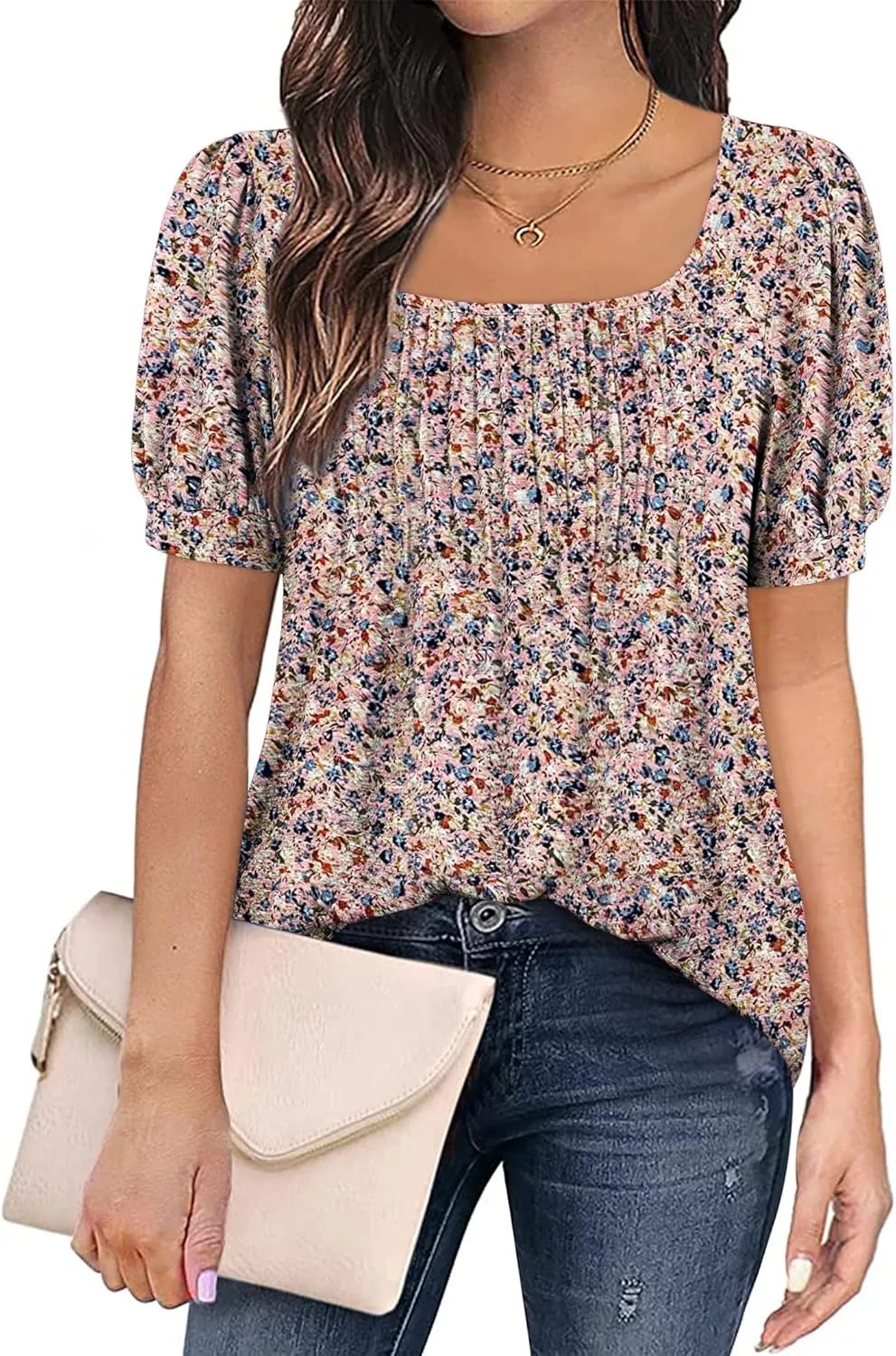 Zwurew Women's Summer Casual Puff Short Sleeve T-Shirts Square Neck Pleated Flowy Trendy Tunic Tops for Leggings S-2XL