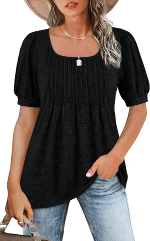 Zwurew Women's Summer Casual Puff Short Sleeve T-Shirts Square Neck Pleated Flowy Trendy Tunic Tops for Leggings S-2XL